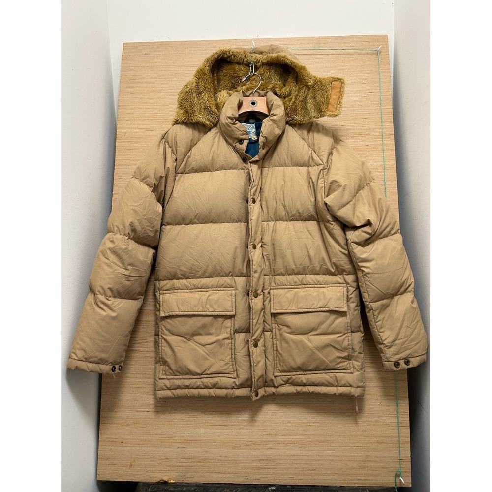 William Barry Struggle Gear Vintage Tan Puffer Parka Faux Fur Hood Mens Small